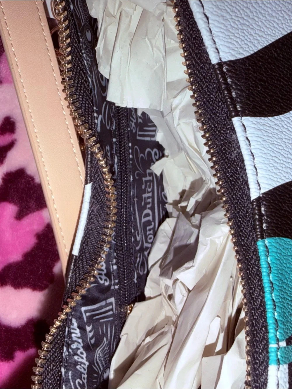 Von Dutch Rose Gold Charm Zebra Shoulder Bag in Black and White